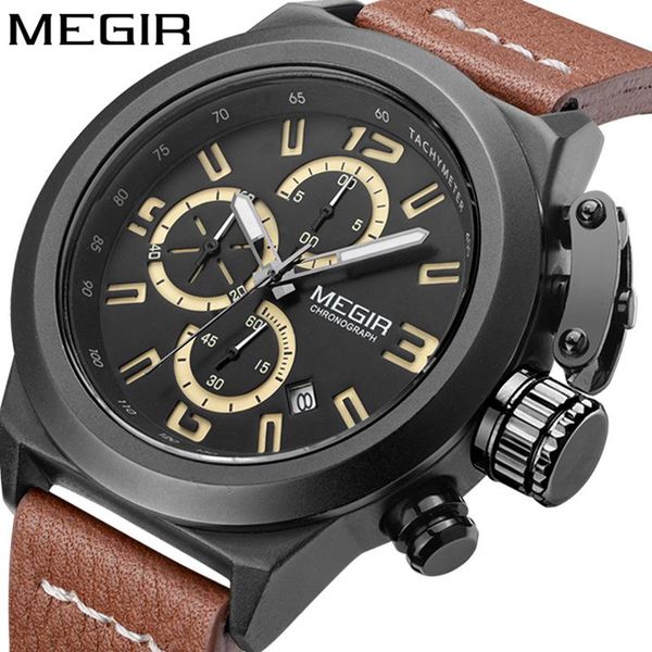

wristwatches megir brand sports men's watch three-eye waterproof multi-function quartz watches clock relogio masculino, Slivery;brown