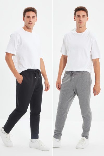 

running pants trendyol men 's regular fit outdoor trotting 2'li package basic sweatpants tmnaw22ea0278, Black;blue