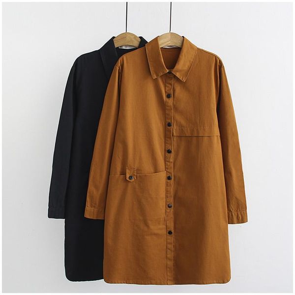 

women's trench coats female windbreaker autumn coat solid long-sleeved single-breasted mid-long loose plus size women basic, Tan;black
