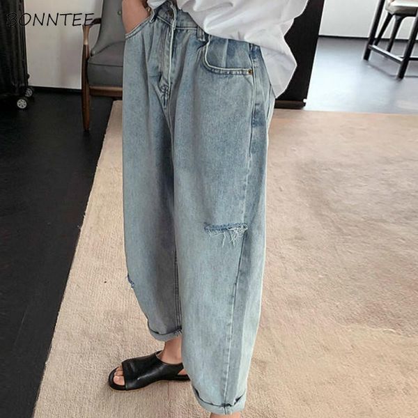 

women's jeans women hole ankle-length high waist korean style bf straight casual denim retro harajuku streetwear womens all-match trend, Blue