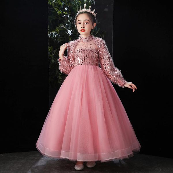 

girl's dresses flower girl illusion sequined high luxury pink lovely crystal princess floor-length tulle lace full kids party gown h252, Red;yellow