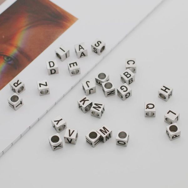 

charms 7x7mm stainless steel 26 letters square three-dimensional perforated accessories bracelet necklace pendant, Bronze;silver