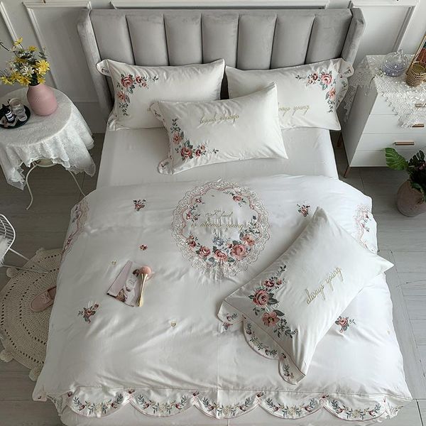 

bedding sets luxury white pastoral flowers embroidery 100s satin egyptian pillowcases sheet duvet cotton fitted linen set bed cover