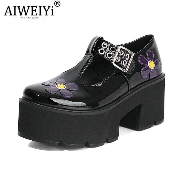 

dress shoes womens t-strap goth platform mary jane with cute flowers chunky heel ankle strap pumps lolita cosplay punk, Black