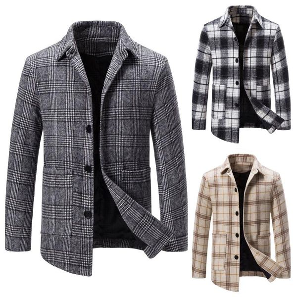 

men's wool & blends woolen coat men casual plaid slim type large size business trench windbreaker male, Black