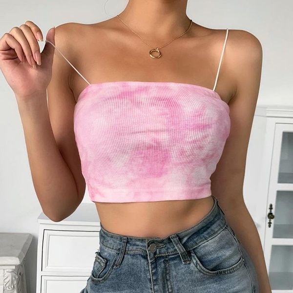 

sweet tie dye suspenders backless women tanks bandage fashion summer polyester cropped chic vintage candy blue pink camisole streetwear, White