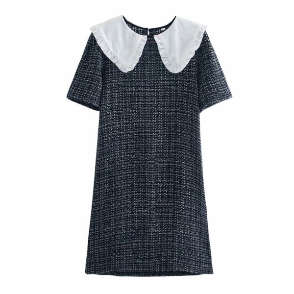 

fashion women peter pan collar contrast color splicing mini dress female short sleeve clothes casual lady loose vestido d7352 210430, Black;gray
