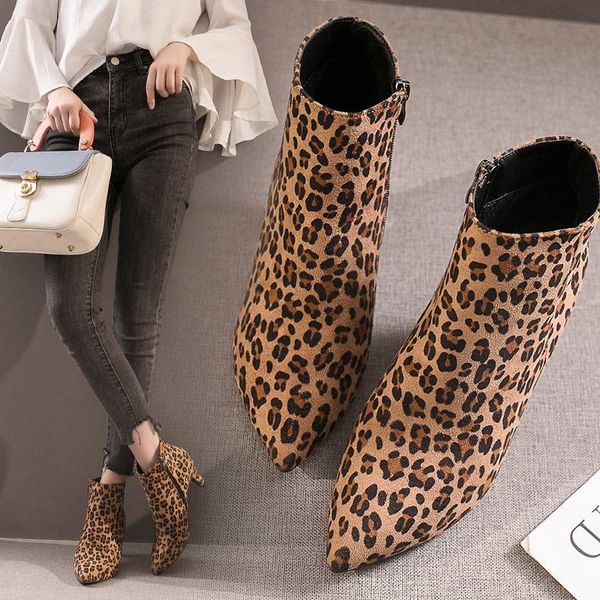 

boots women high heels suede ankle mid stiletto heel side zip pointed toe party work outdoor shoes female leopard print fashion, Black
