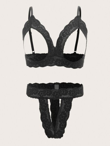 

plus floral lace cut-out lingerie set m3t4#, Black;white
