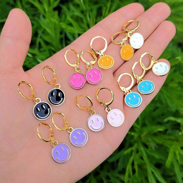 

hoop & huggie lost lady cute round similing face huggies earrings for women fashion girls multicolor enamel hanging wholesale, Golden;silver