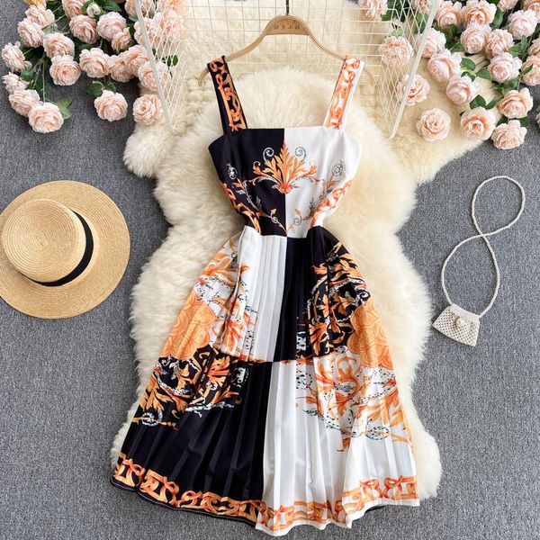 

casual dresses women's vintage printed summer strap long dress 2021 sleeveless elegant party vestidos ladies streetwear pleated, Black;gray