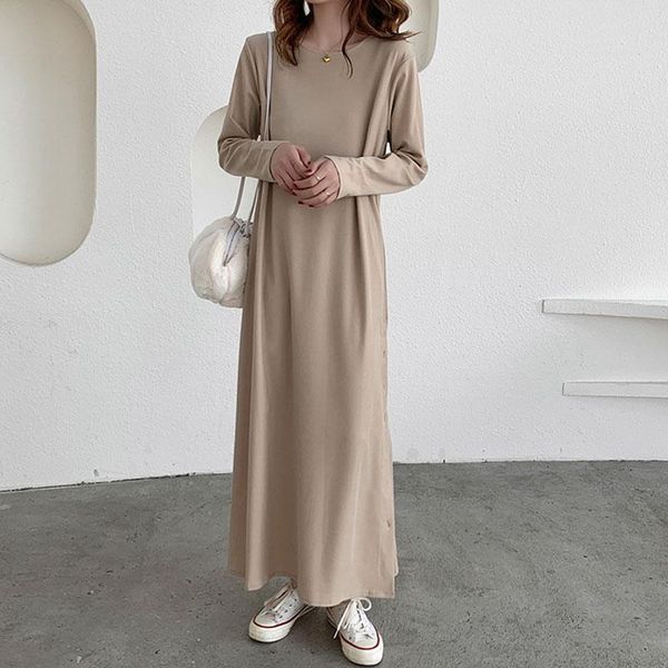 

casual dresses women solid elegant dress 2021 spring autumn maxi long pullover sleeve button basic vestidos, Black;gray