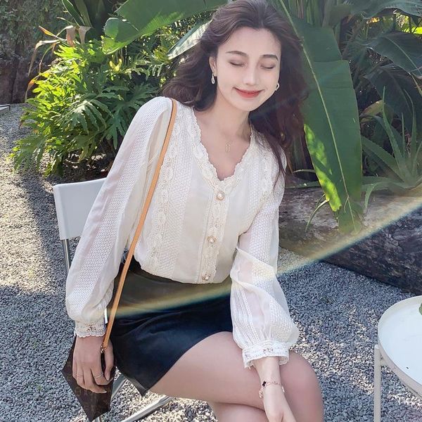

women's blouses & shirts chiffon shirt long sleeve 2021 spring and summer loose lace fashion temperament french, White