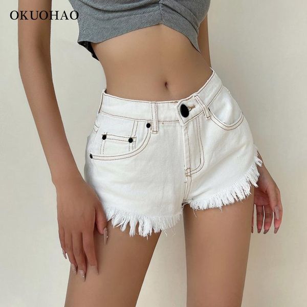 

women's jeans okuohao 2021 summer white denim shorts women high waist short female washed casual fashion pants fringed, Blue