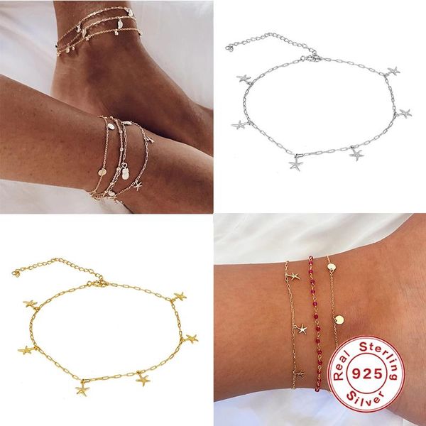 

925 sterling silver anklets for women crochet sandals vintage sandals starfish pendant anklet bracelet foot chain jewelry, Red;blue