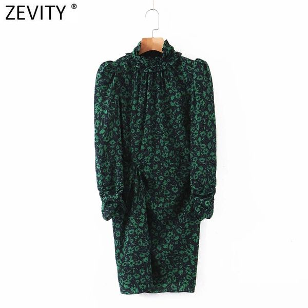 

zevity women sweet agaric lace ruffled flower print pleat slim dress femme puff sleeve casual mini vestido chic cloth ds4700 210419, Black;gray
