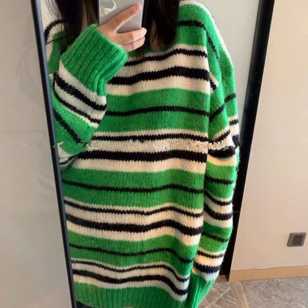 

korean version of striped green mesh cardigan couple mid-length around the female casual neck sweater autumn and winter, White;black