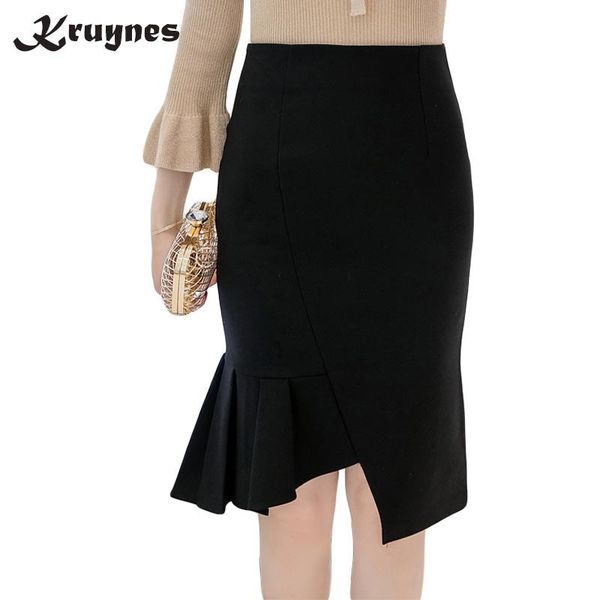 

skirts women pencil skirt plus size high waist bodycon black red elegant office ladies irregular ruffle hem faldas mujer