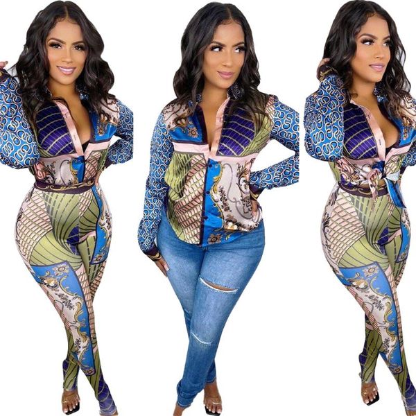 

women's two piece pants 2021 autumn digital colorful printing lapel shirt + two-piece suit in stock, White