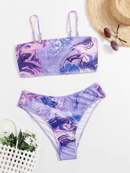 

plus marble print bikini swimsuit h3zh#, Black