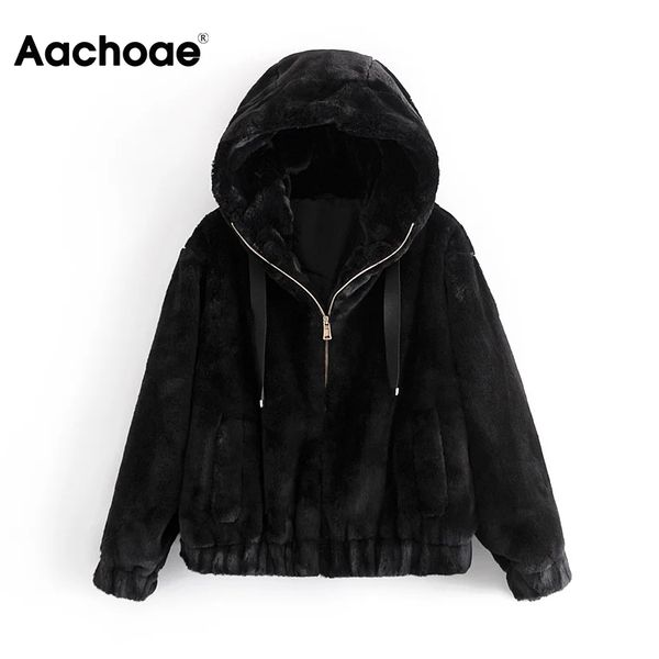 

aachoae casual faux fur black coat women long sleeve solid hooded jacket female zipper oversized coat outerwear manteau femme 210413