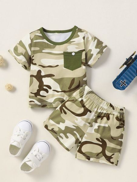 

baby camo print pocket patched tee & shorts she01, White