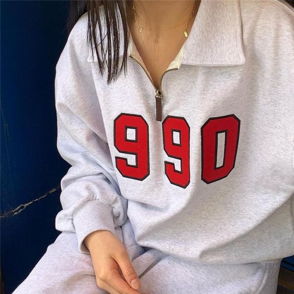 

women's hoodies & sweatshirts zipper lapel shirt sweatshirt autumn number embroidery pullover casual long-sleeved solid color loose muj, Black