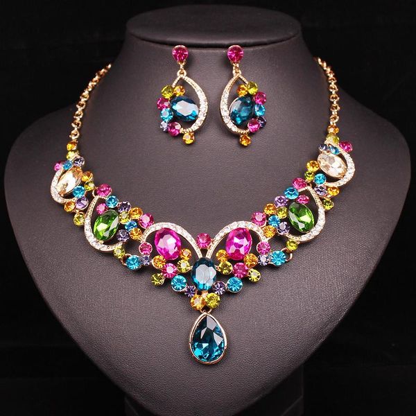 

earrings & necklace 5 color elegant luxury bridal wedding engagement jewelry sets gold filled austrian crystal drop for women, Silver