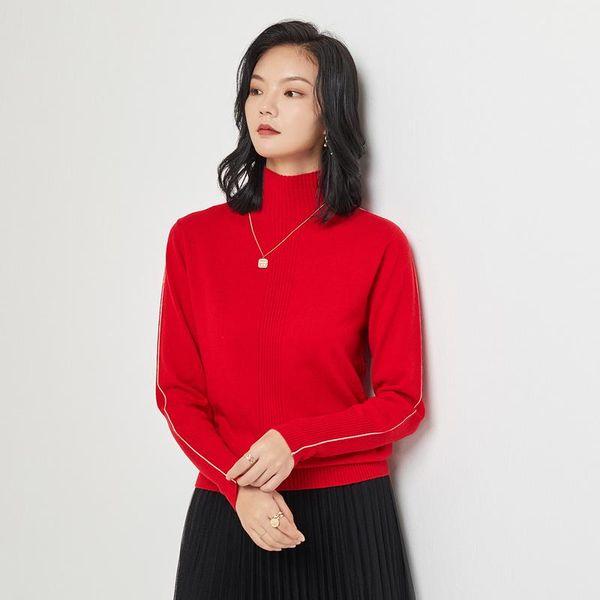 

women's sweaters [contrast lines] jinju 2021 autumn and winter half-high collar solid color bottoming 100% wool sweater, White;black