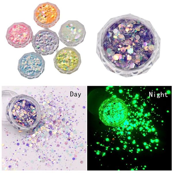 

6pcs luminous nail glitter dark glow manicure art sequin tips decor in the kits