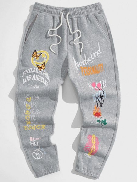 

men drawstring waist letter & butterfly print sweatpants w5vu#, Black