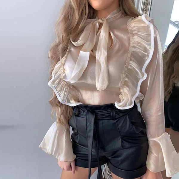 Bowknot Flare Sleeve Bluse Tops Frauen Rüschen Mesh Langarm Büro Damen Tops Frühling Herbst Glitter Shirt Tops 210415