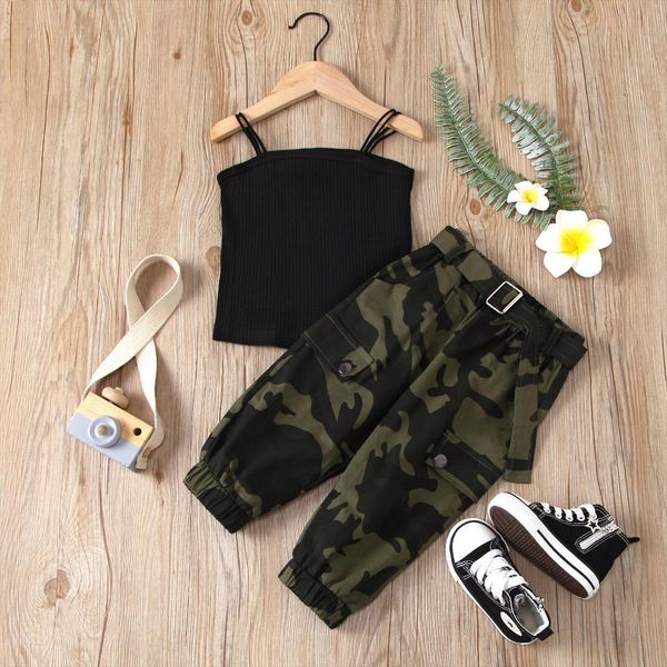 

kids baby girls clothes sets summer children black tank camouflage cargo pants outfits casual clothing 2 7y, White