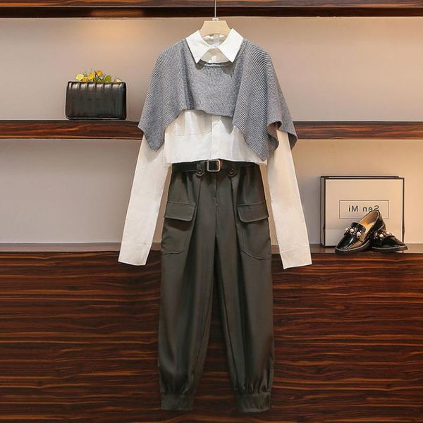 

women's two piece pants [ewq] korea chic large wear gray shawl short white shirt work clothes casual cargo three set 2021 16e4187
