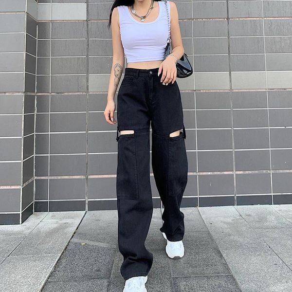 

women's jeans high waist for women zipper hollow straight leg denim pants trousers female streetwear style mopping, Blue