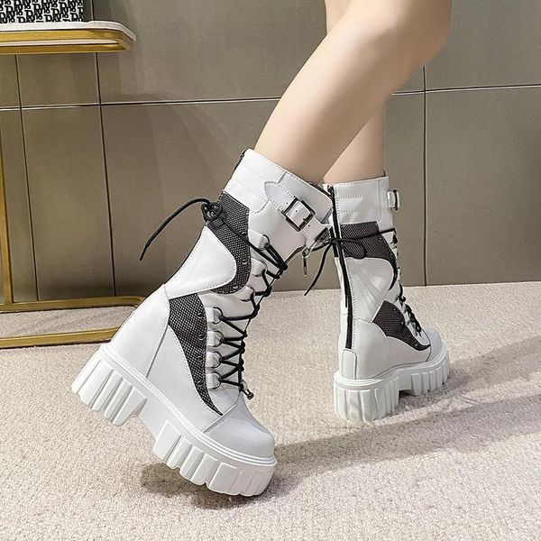 

boots women high heels thick heel mid-calf zip reflective chunky autumn winter leather woman platform shoes, Black