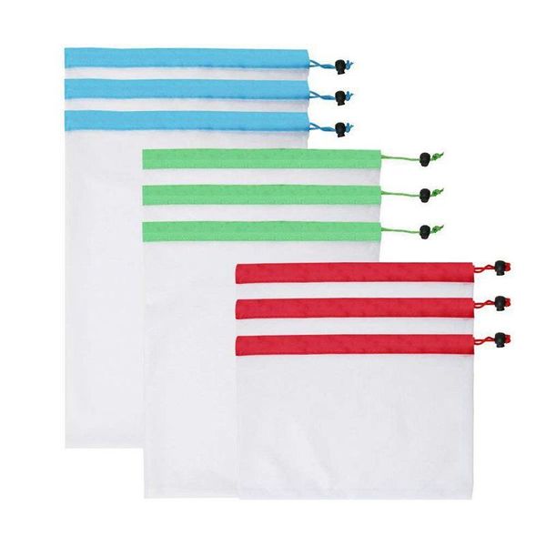 

hanging baskets produce bags, 9pcs reusable mesh bags for grocery shopping, storage, fruit and vegetables (red blue green)