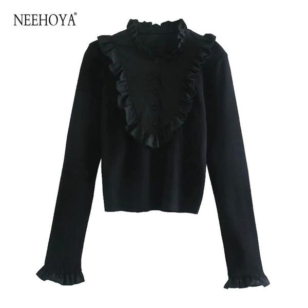 

women's sweaters women 2021 fashion patchwork ruffled cropped knitted sweater vintage high neck long sleeve female pullovers chic, White;black