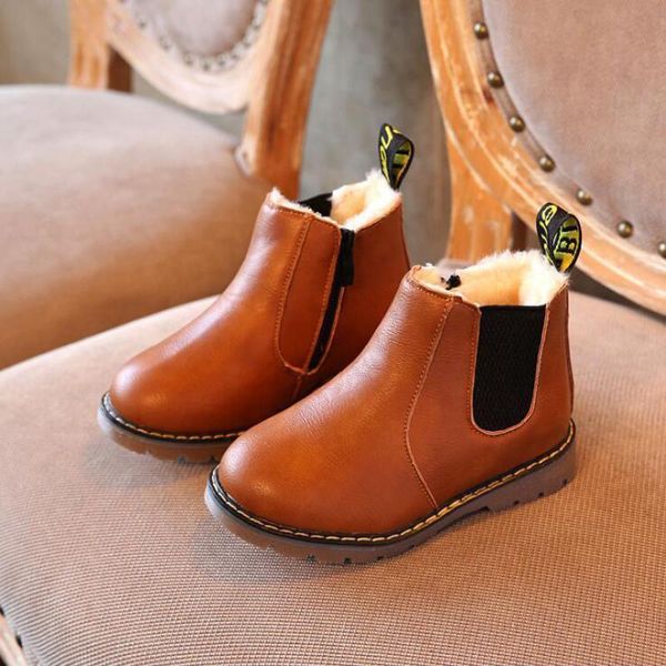 

boots girls children fashion 2021 winter thickening warm plush leather short size 21-36 b158, Black;grey