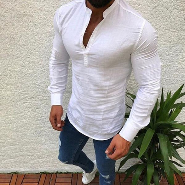 

men's casual shirts fashion solid color stand collar long sleeve slim fit shirtcloth men clothing dress shirt blouse, White;black
