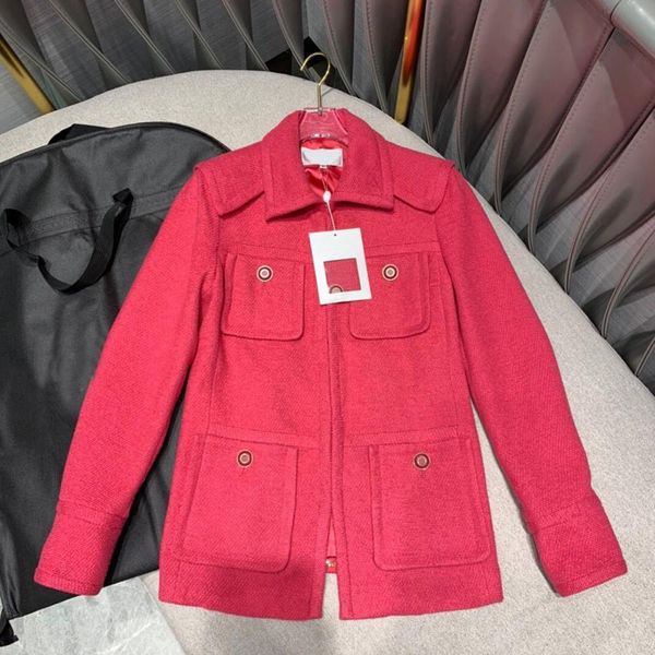 

blends spring high-end jacket for women turn-down collar pocket chain decoration elegant ladies coat jackets with silk liner, Black