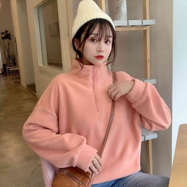 

women's jackets female sweatshirt with half a turtleneck and velvet, zipper-hoodie, solid color, hood, autumn pncv, Black;brown
