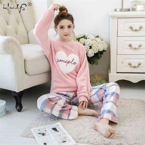 

striped & flamingo pajamas set for women new o-neck long sleeve flannel sleepwear suit winter warm two piece set homewear 210330, Black;red