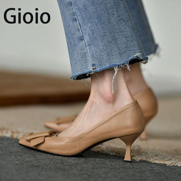 

dress shoes genuine leather stiletto medium high heels pointed toe pumps for women woman 2021 spring party, Black