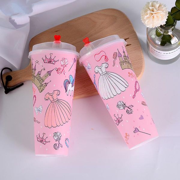 

50pcs net red creative plastic cups 700ml large favors drink cup birthday party juice yogurt pastry dessert with lid disposable & straws