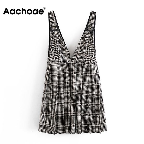 

elegant plaid vest v neck sleeveless casual mini dress summer spring lady pleated dresses vestidos mujer 210413, Black;gray