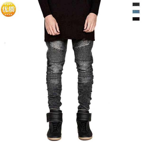 

men's jeans biker motorcycle jeans slim fit small leg motorcycle pants, Blue