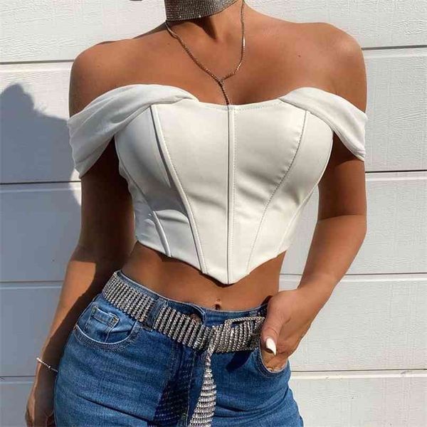 

pu leather solid bustier corset for women off shoulder chiffon strapless female short cropped s women's tube 210705, White