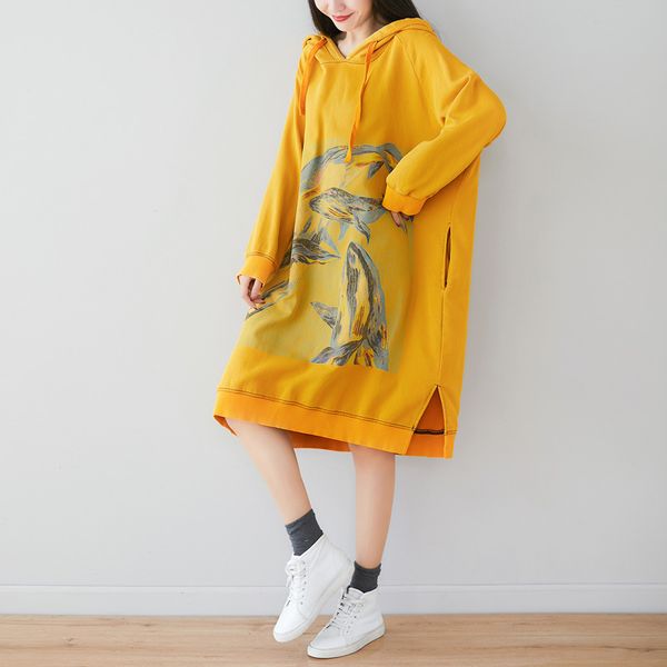Johnature tasche larghe e comode abito con cappuccio taglie forti autunno coreano semplice retro stampa floreale abiti da donna in cotone 210521