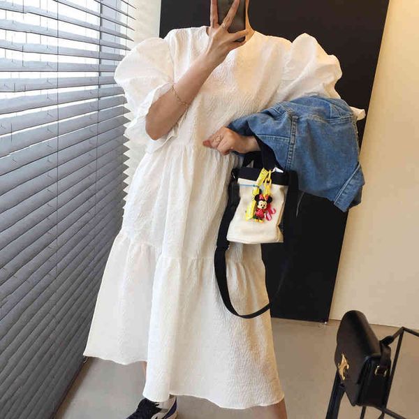 

[ewq] women big size casual long pleated dress new round neck half puff sleeve loose fit fashion tide spring summer 2f0627 210423, Black;gray